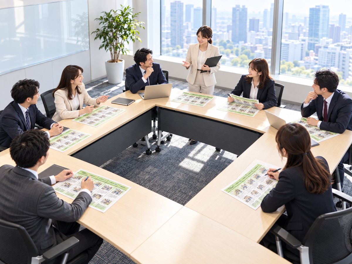 会議室でテーブルを囲み、資料を手に対話する研修の様子
