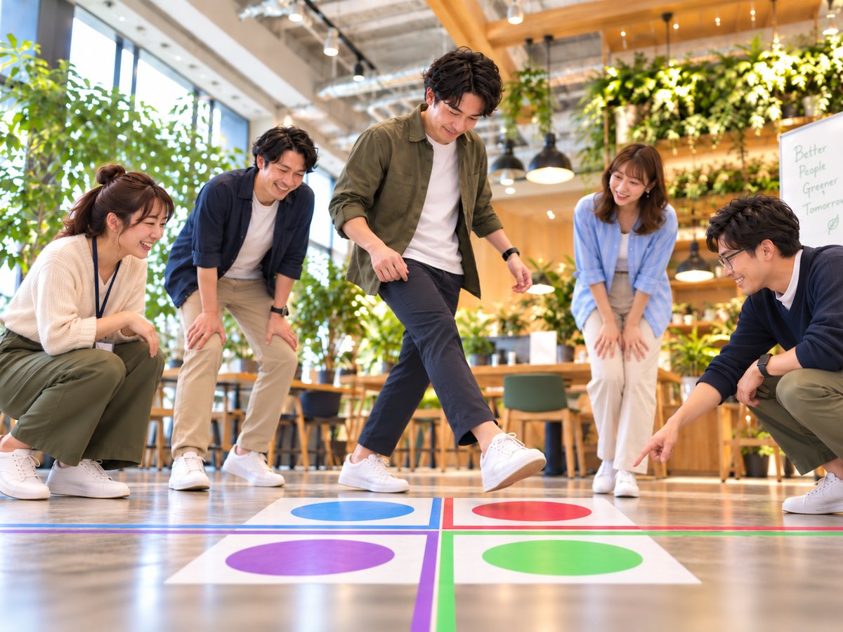 床に貼った色のマスを囲み、体を動かしながら対話するワークショップの様子